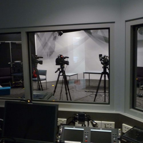 Opat Architects Hampton Park School facility new adminstration media studio and staff room. Photo of recording booth within the media studio.