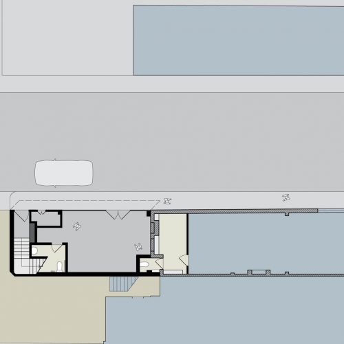 Opat Architects Infill South Yarra ground floor plan drawing showing shop to east and seperate shop to the west with stair to access first floor at the west