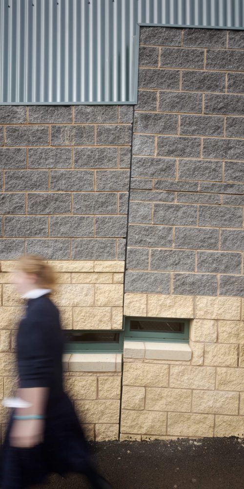 Opat Architects Camperdown School new middle school building. Photo of exterior southern detail showing shift in brick, reference to the local geology.